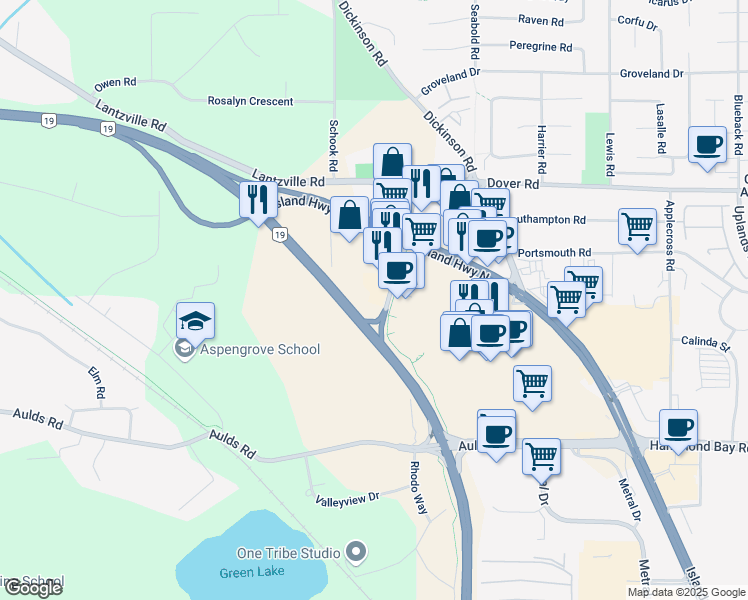 map of restaurants, bars, coffee shops, grocery stores, and more near 6671 Mary Ellen Drive in Nanaimo