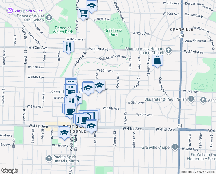map of restaurants, bars, coffee shops, grocery stores, and more near 1949 West 37th Avenue in Vancouver