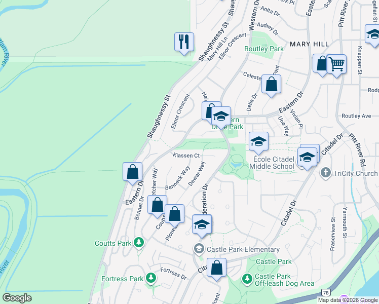 map of restaurants, bars, coffee shops, grocery stores, and more near 2653 Klassen Court in Port Coquitlam