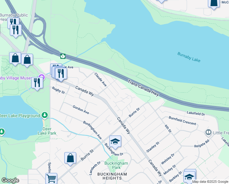 map of restaurants, bars, coffee shops, grocery stores, and more near 5586 Claude Avenue in Burnaby