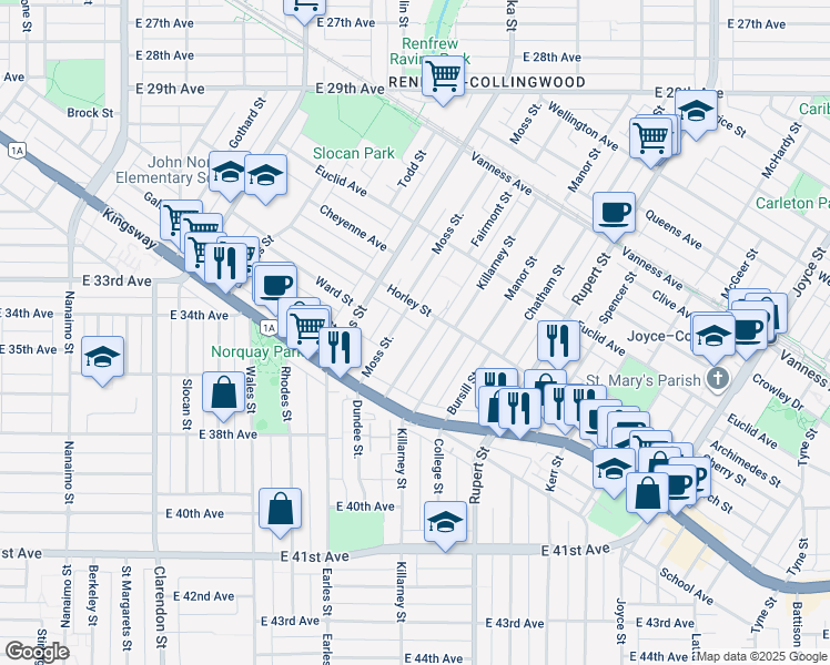 map of restaurants, bars, coffee shops, grocery stores, and more near 5127 Fairmont Street in Vancouver