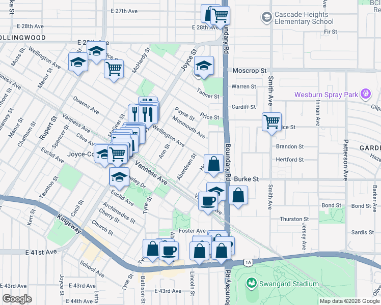 map of restaurants, bars, coffee shops, grocery stores, and more near 5105 Aberdeen Street in Vancouver