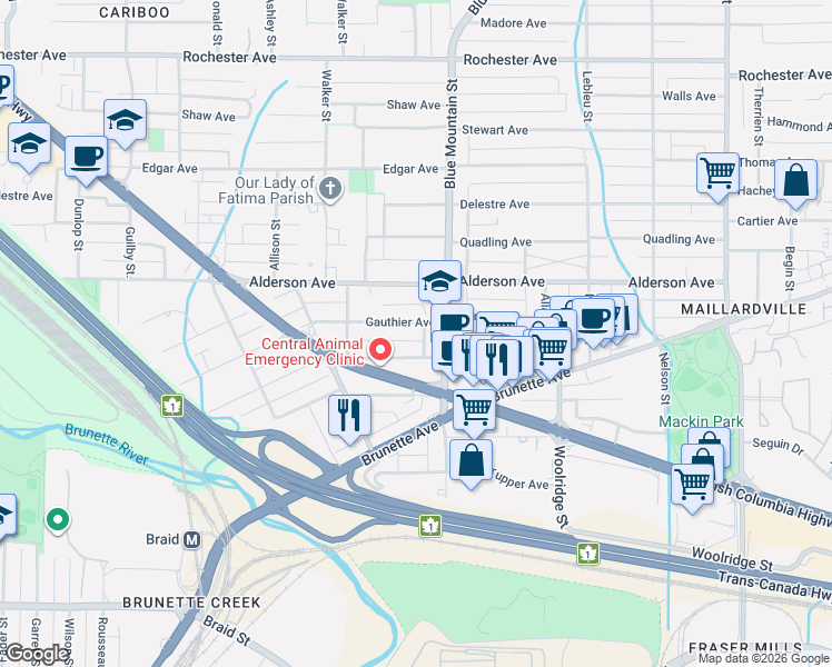 map of restaurants, bars, coffee shops, grocery stores, and more near 828 Gauthier Avenue in Coquitlam