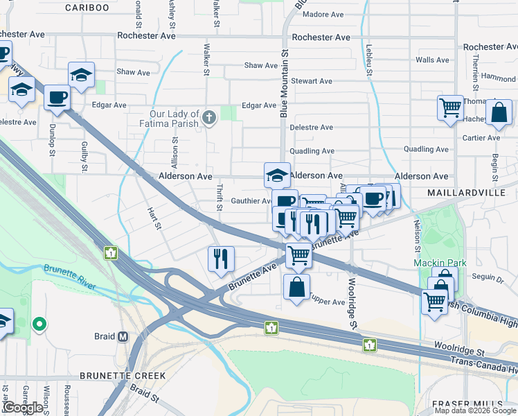 map of restaurants, bars, coffee shops, grocery stores, and more near 828 Gauthier Avenue in Coquitlam