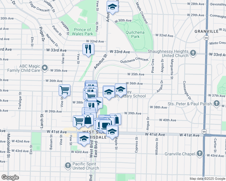 map of restaurants, bars, coffee shops, grocery stores, and more near 2019 West 37th Avenue in Vancouver