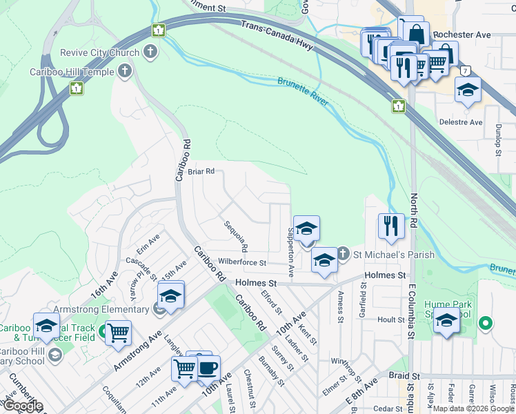 map of restaurants, bars, coffee shops, grocery stores, and more near 9160 Mona Avenue in Burnaby