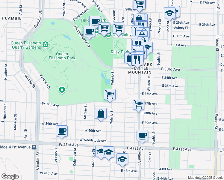 map of restaurants, bars, coffee shops, grocery stores, and more near Ontario Street in Vancouver
