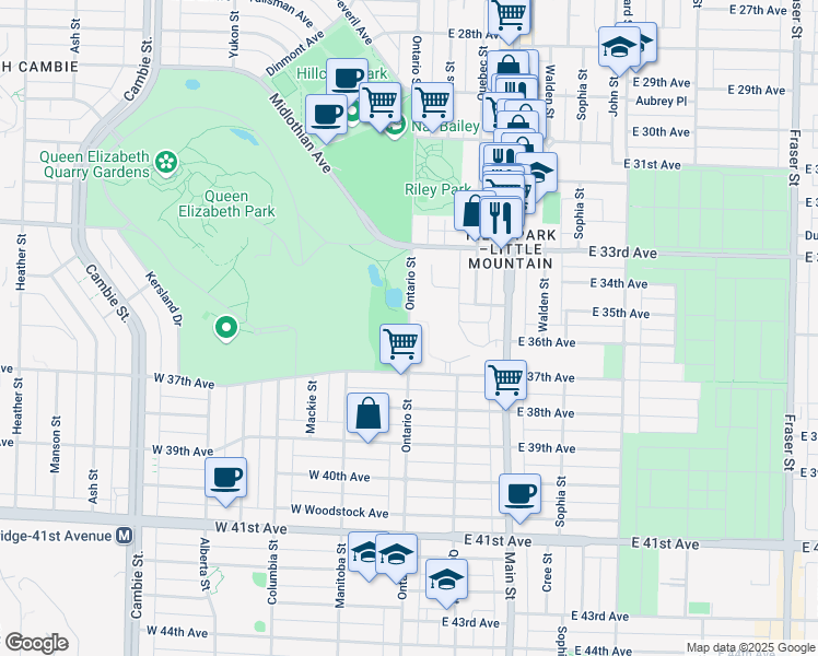 map of restaurants, bars, coffee shops, grocery stores, and more near 5100 Ontario Street in Vancouver