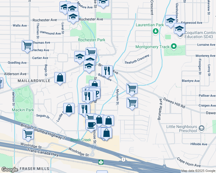 map of restaurants, bars, coffee shops, grocery stores, and more near in Coquitlam