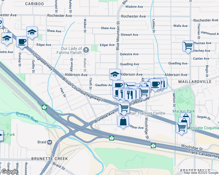 map of restaurants, bars, coffee shops, grocery stores, and more near in Coquitlam