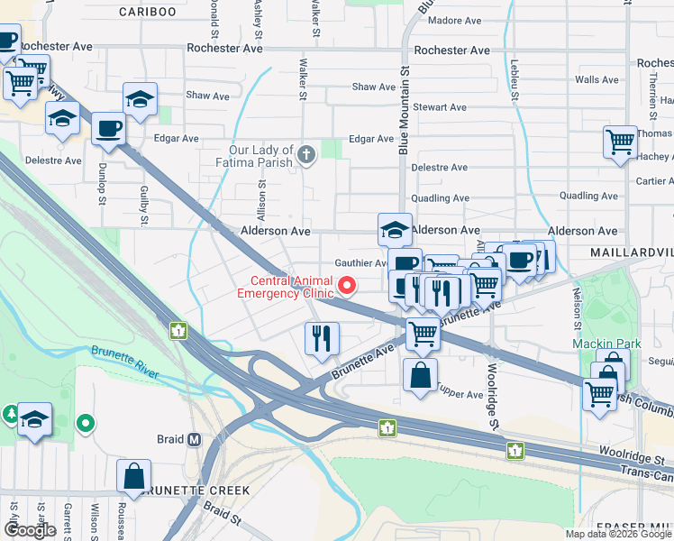 map of restaurants, bars, coffee shops, grocery stores, and more near 808 Gauthier Avenue in Coquitlam