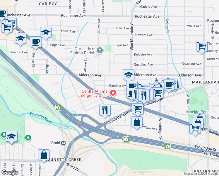 map of restaurants, bars, coffee shops, grocery stores, and more near 808 Gauthier Avenue in Coquitlam