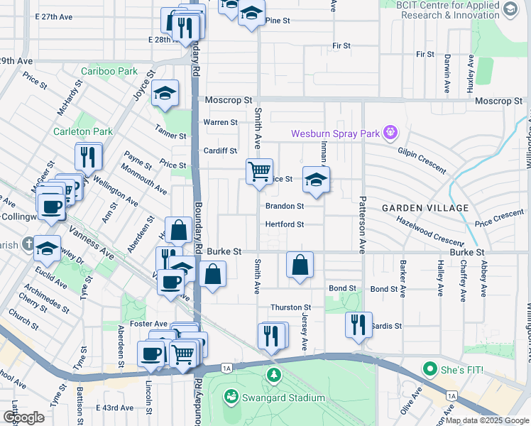 map of restaurants, bars, coffee shops, grocery stores, and more near in Burnaby