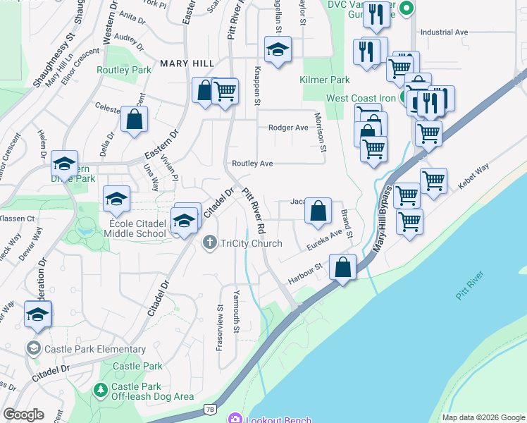 map of restaurants, bars, coffee shops, grocery stores, and more near 1315 Pitt River Road in Port Coquitlam