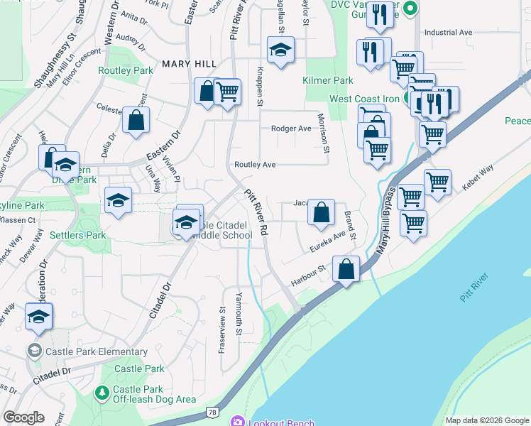map of restaurants, bars, coffee shops, grocery stores, and more near 1335 Pitt River Road in Port Coquitlam