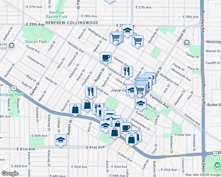 map of restaurants, bars, coffee shops, grocery stores, and more near 3248 Austrey Avenue in Vancouver