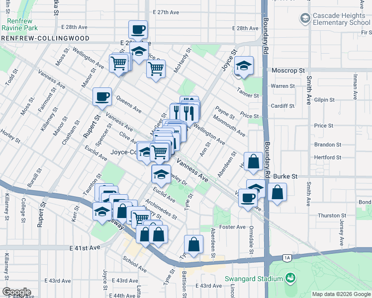 map of restaurants, bars, coffee shops, grocery stores, and more near 5013 Payne Street in Vancouver