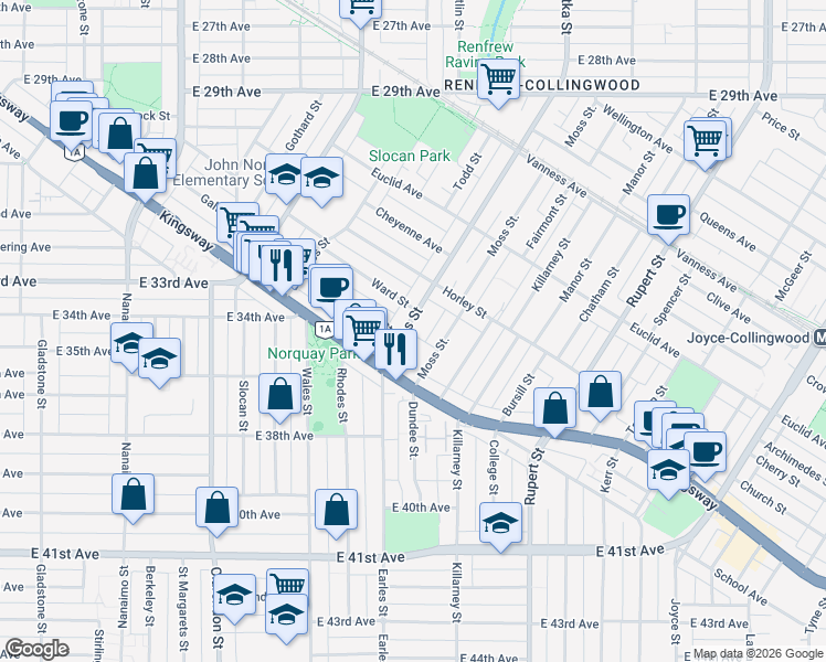 map of restaurants, bars, coffee shops, grocery stores, and more near 5076 Earles Street in Vancouver