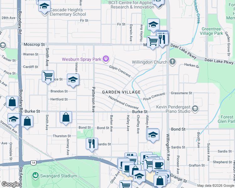 map of restaurants, bars, coffee shops, grocery stores, and more near 5045 Barker Crescent in Burnaby
