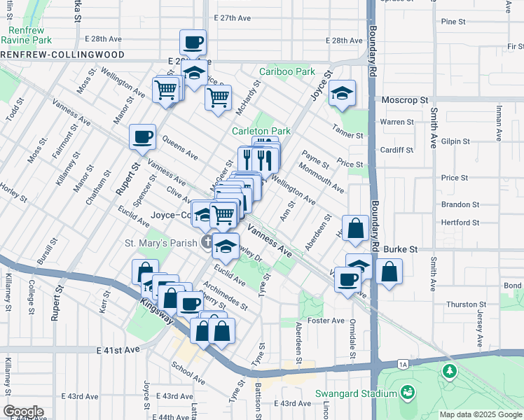 map of restaurants, bars, coffee shops, grocery stores, and more near 5045 Payne Street in Vancouver