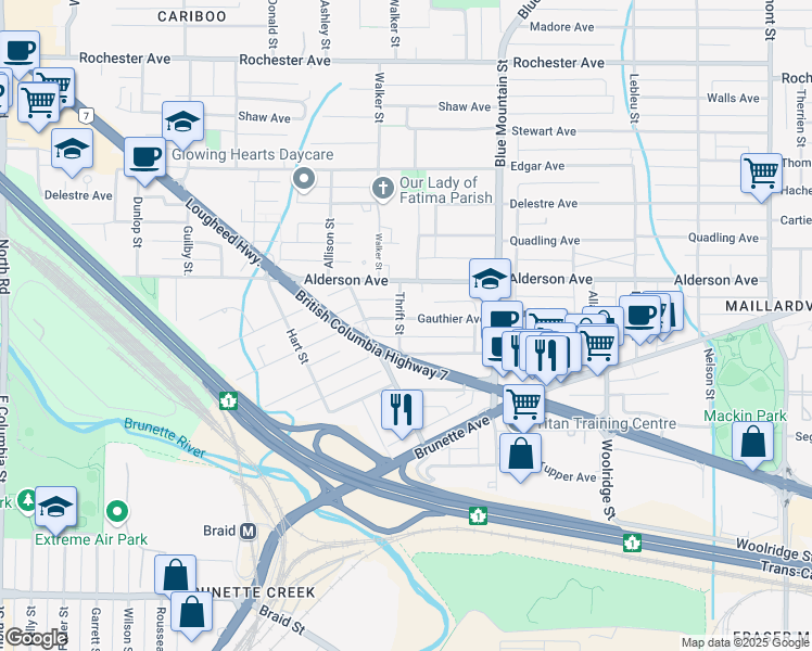 map of restaurants, bars, coffee shops, grocery stores, and more near 800 Gauthier Avenue in Coquitlam