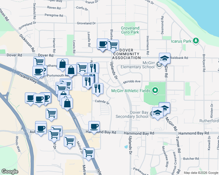 map of restaurants, bars, coffee shops, grocery stores, and more near 6330 Mcrobb Avenue in Nanaimo