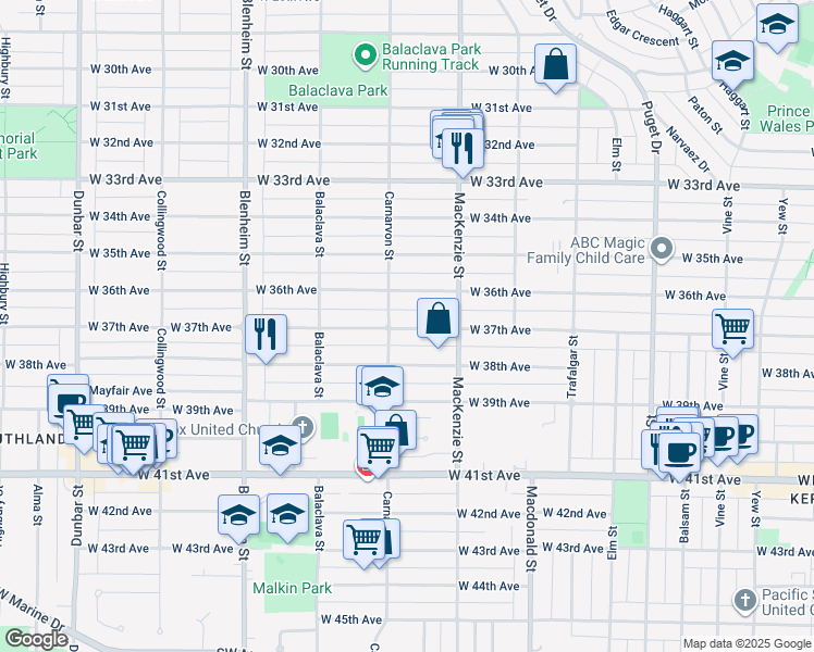 map of restaurants, bars, coffee shops, grocery stores, and more near 2965 West 37th Avenue in Vancouver