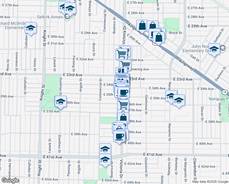 map of restaurants, bars, coffee shops, grocery stores, and more near 1941 East 35th Avenue in Vancouver