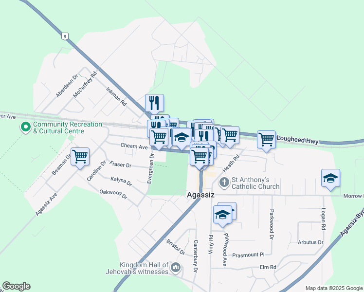 map of restaurants, bars, coffee shops, grocery stores, and more near 7092 Pioneer Avenue in Agassiz