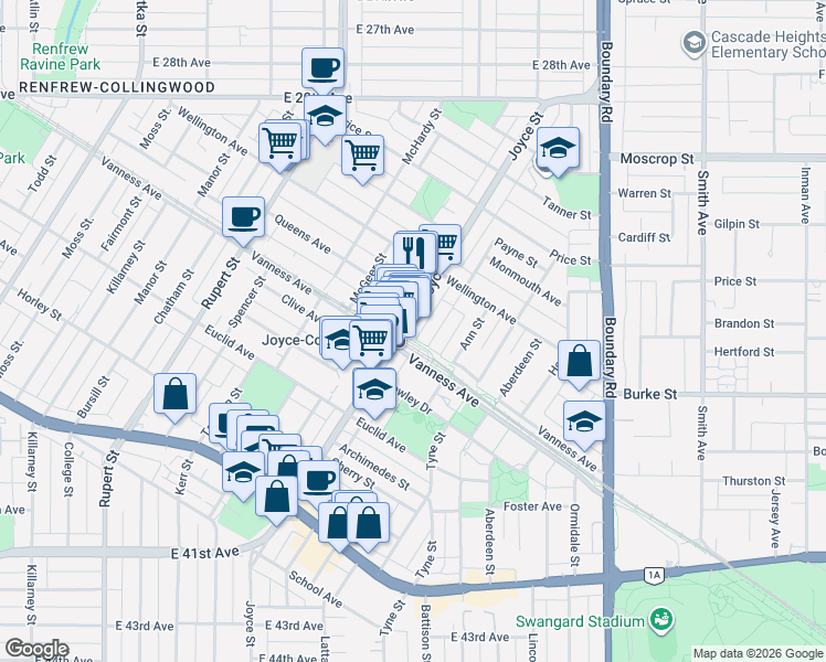 map of restaurants, bars, coffee shops, grocery stores, and more near 5058 Joyce Street in Vancouver