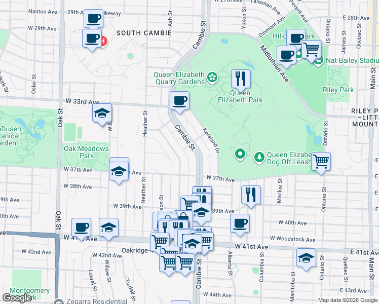 map of restaurants, bars, coffee shops, grocery stores, and more near in Vancouver