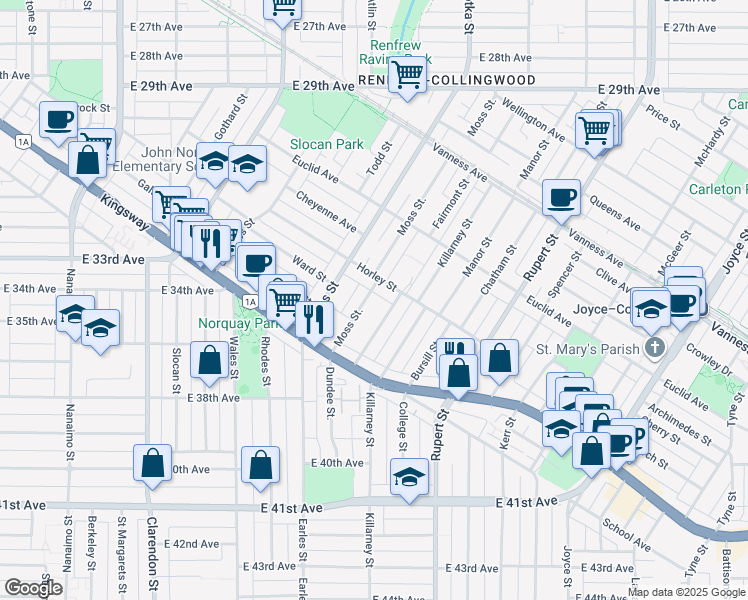 map of restaurants, bars, coffee shops, grocery stores, and more near 5020 Moss Street in Vancouver