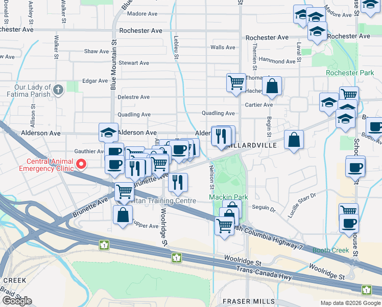 map of restaurants, bars, coffee shops, grocery stores, and more near 215 McBay Lane in Coquitlam