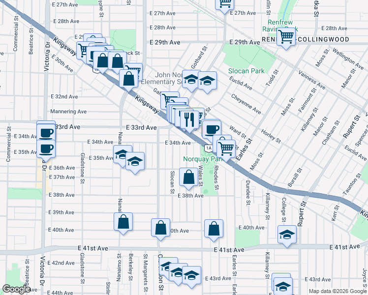 map of restaurants, bars, coffee shops, grocery stores, and more near 5017 Chambers Street in Vancouver