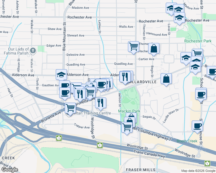 map of restaurants, bars, coffee shops, grocery stores, and more near 215 McBay Lane in Coquitlam