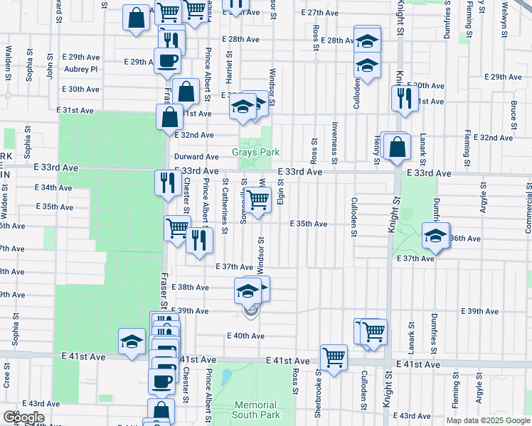 map of restaurants, bars, coffee shops, grocery stores, and more near 5070 Windsor Street in Vancouver