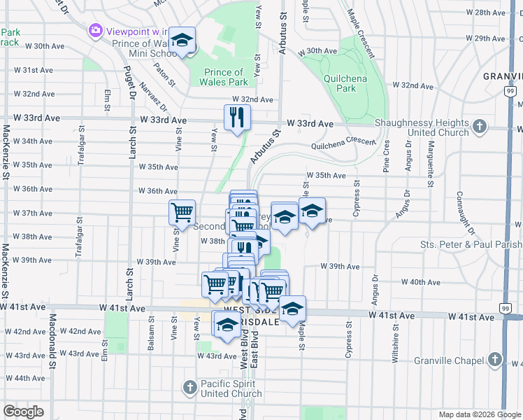 map of restaurants, bars, coffee shops, grocery stores, and more near 5284 East Boulevard in Vancouver