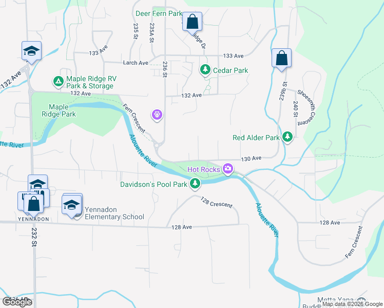 map of restaurants, bars, coffee shops, grocery stores, and more near 23653 Fern Crescent in Maple Ridge