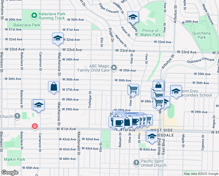 map of restaurants, bars, coffee shops, grocery stores, and more near 2505 West 37th Avenue in Vancouver