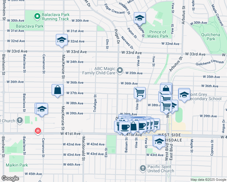 map of restaurants, bars, coffee shops, grocery stores, and more near 2527 West 37th Avenue in Vancouver