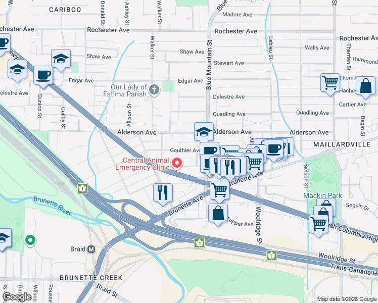 map of restaurants, bars, coffee shops, grocery stores, and more near in Coquitlam
