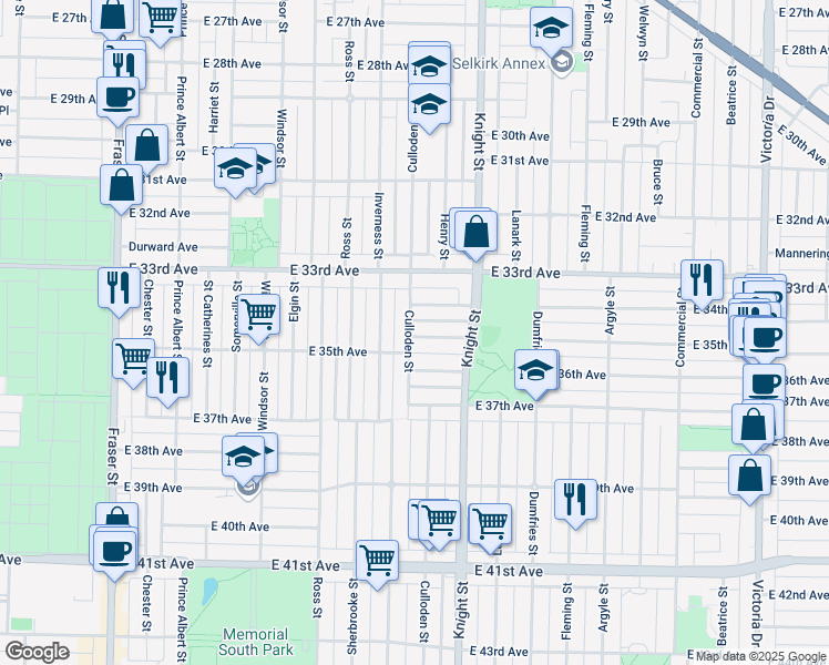 map of restaurants, bars, coffee shops, grocery stores, and more near 1307 East 35th Avenue in Vancouver