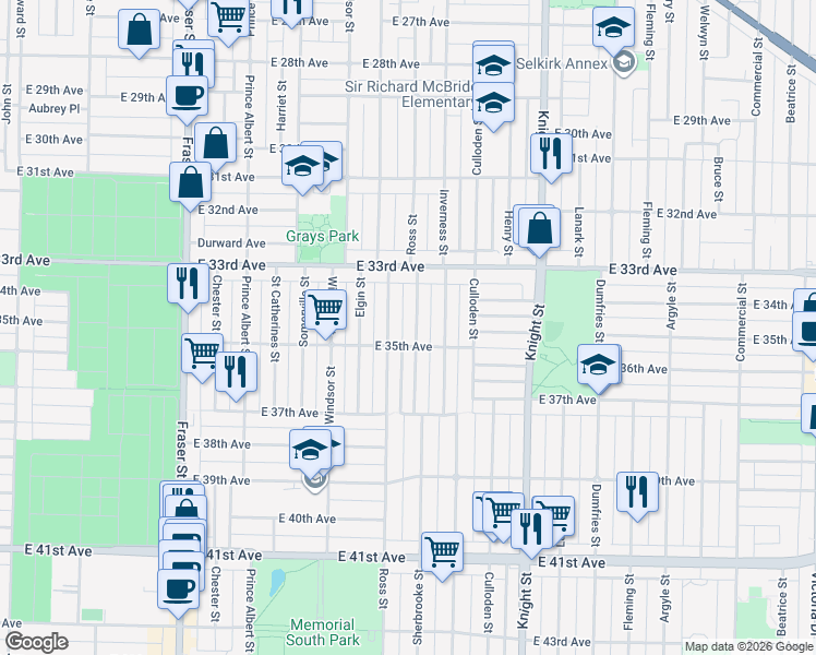 map of restaurants, bars, coffee shops, grocery stores, and more near 5059 Sherbrooke Street in Vancouver
