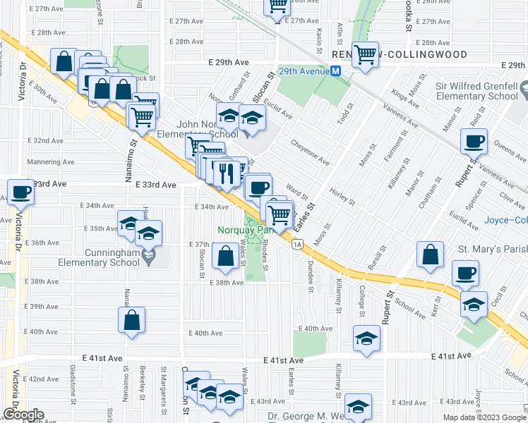 map of restaurants, bars, coffee shops, grocery stores, and more near in Vancouver