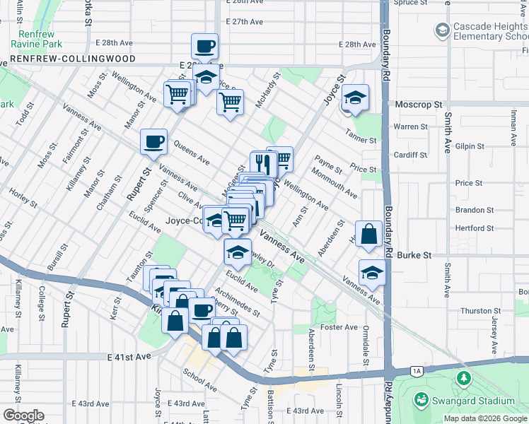 map of restaurants, bars, coffee shops, grocery stores, and more near 5050 Joyce Street in Vancouver