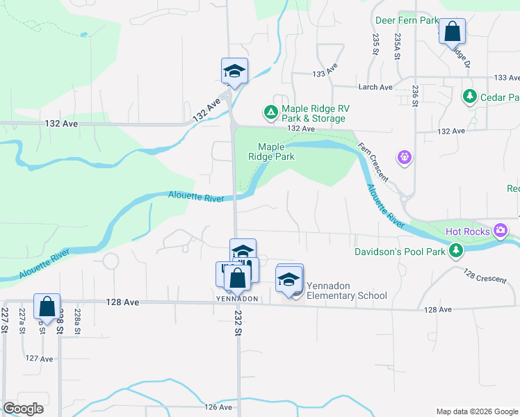 map of restaurants, bars, coffee shops, grocery stores, and more near 23242 130 Avenue in Maple Ridge