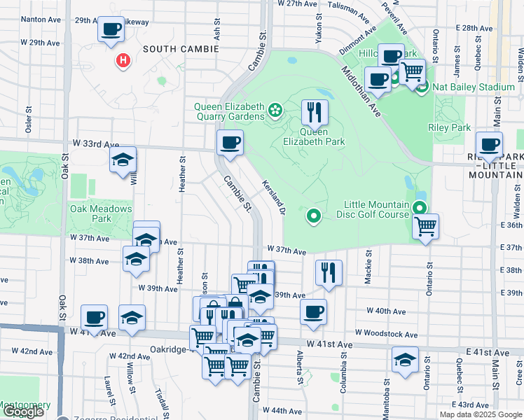 map of restaurants, bars, coffee shops, grocery stores, and more near 5168 Cambie Street in Vancouver