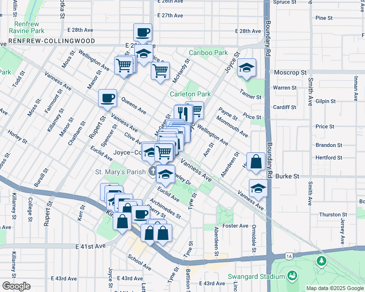 map of restaurants, bars, coffee shops, grocery stores, and more near 5058 Joyce Street in Vancouver
