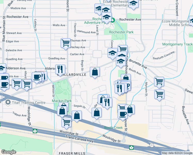 map of restaurants, bars, coffee shops, grocery stores, and more near 98 Laval Street in Coquitlam