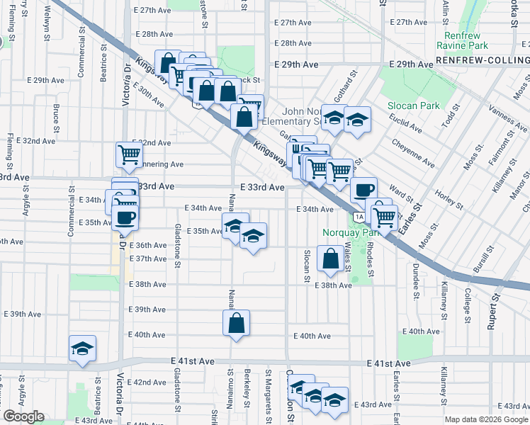 map of restaurants, bars, coffee shops, grocery stores, and more near 5003 Saint Margarets Street in Vancouver